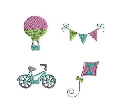 Mini Hot Air Balloon, Banner, Kite and Bicycle Machine Embroidery Design Set