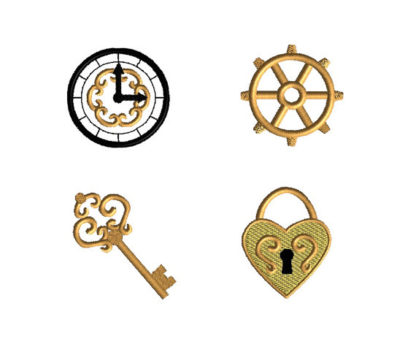 Mini Vintage Style Clock, Lock, Key, Gear Machine Embroidery Design Set