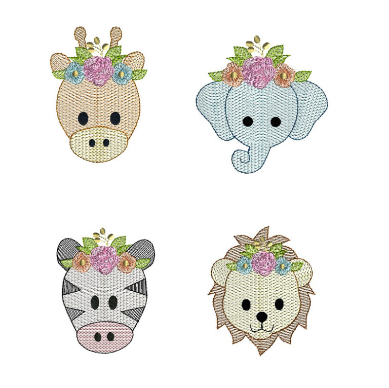 Jungle Animals with Floral Crown Quick Stitch Machine Embroidery Design