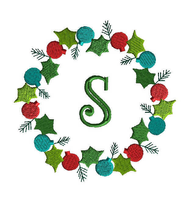 holly and ornament wreath monogram